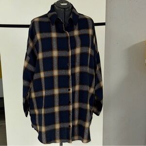 B Plaid Button-Up Shirt in Navy with Cream & Orange